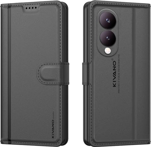Image of KIVANO LUXE Compatible for Vivo Y28 5G / Vivo Y17s 4G Luxury Handmade Leather Magnetic Flip Folio Case | Card Holder & Kickstand | Slim Protective Cover | Unisex - Black