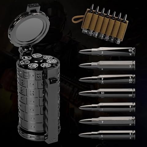 CZYY Rifle Bullet Dice Set - Solid Metal 7 Polyhedral Dice Set with Spinning Container Case & Cartridge Holder Belt - Perfect Role Playing Dice Set for D&D, Tabletop Games (Black) Cover