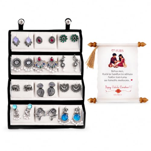 Image of FUBS Oxidized Designer Stud Earrings Set of 12 with Folding Jewelry Box | Traditional & Modern Earring Set for Women & Girls