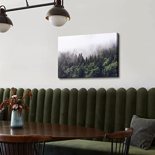 Image of Green Nature Foggy Forest Wall Art Misty Mountain Landscape Canvas Prints Picture Art Bedroom Decor 16x24 inch, Modern Pine Trees Scenery Painting Framed Artwork for Living Room Office Home Decoration
