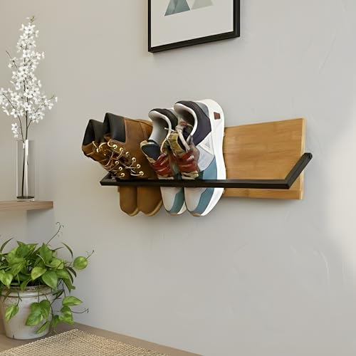 WONKAHOMES Wall Mounted Shoe Rack Scandinavian Bamboo & Metal Shoe Storage, Space-Saving Organizer for Entryway & Hallway, Fits All Shoe Sizes, Hanging Shoe Rack by WONKAHOMES - Used condition - Image 2