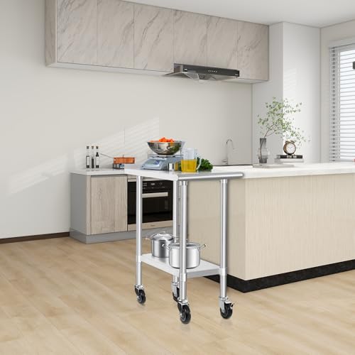 Image of HARDURA Stainless Steel Commercial Work Table with Wheels Prep & Work Metal Table 30x18 Inches Heavy Duty NSF with Casters and 2 inch Backsplash