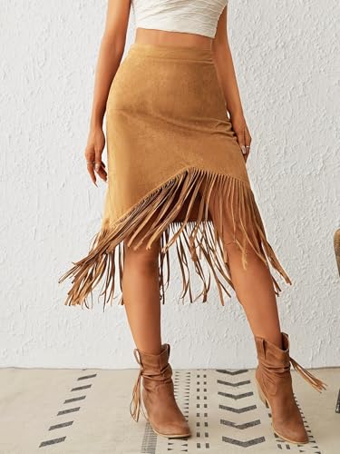 Long Skirts for Women Summer Micro Suede High Waist Tassels Vintage Western Skirts A Line Midi Skirts3