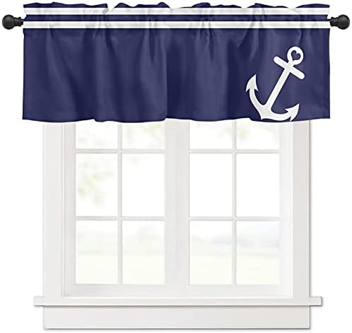 Meet 1998 Valance Curtains for Kitchen Windows Stripe Nautical Anchor Window Valances Navy Blue Window Treatment Rod Pocket Valance for Bedroom Bathroom Laundry Room 54x18 inch, 1 Panel