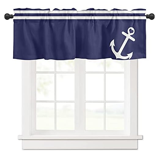 Meet 1998 Valance Curtains for Kitchen Windows Stripe Nautical Anchor Window Valances Navy Blue Window Treatment Rod Pocket Valance for Bedroom Bathroom Laundry Room 54x18 inch, 1 Panel