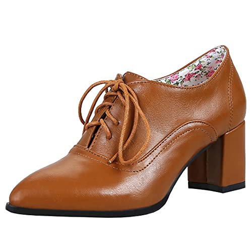 Trendenzy Women's Lace Up Oxford Heels Vintage Shoes Pointed Toe Chunky Block Heel Pumps