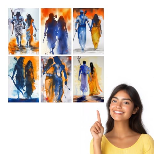 Image of SiddArtify Ramayana Watercolor Art Print Set - Blue - Orange - Gold - 300GSM Board - 12x18 Inch - Pack of 6 Wall Room Decoration art Poster Prints