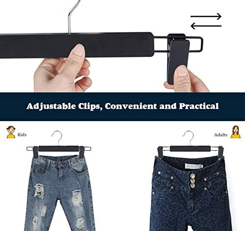 ilauke 10 Pack Trouser Hangers Skirt Hangers Black Plastic Clothes Hangers with Strong Non-slip Adjustable Clips, 360° Hook, Hangers for Skirts, Jeans, Slacks + Magic Hanger