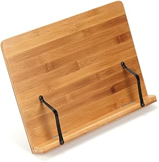 Bamboo Book Stand | Book & Tablet Rest | Cookbook Reading Holder with 2 Metal Page Holders | Foldable & Adjustable Stand | Recipe Book Holder | ZENO