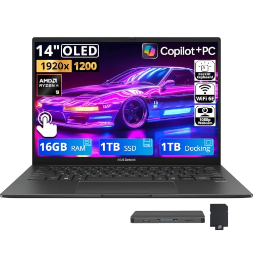 Image of ASUS Zenbook 14 14 inch 2K OLED Touchscreen Laptop, AMD Ryzen AI 9 465, 16GB LPDDR5X, 2TB Storage(1TB SSD+1TB Docking Station), AMD Radeon Graphics, Copilot+ PC, Backlit Keyboard, Win 11, Jasper Gray