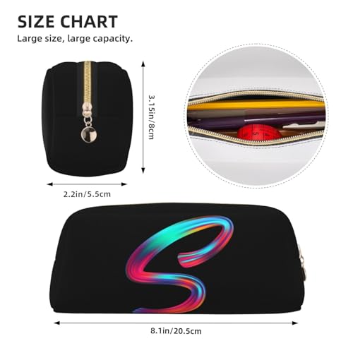 Image of Cute Initial Pencil Case for Kids Simple Leather Pencil Pouch for Boys Girls Letter Design Pencil Box Pen Bag Pencil Pouch Office Stationery Organizer, Rainbow Letter S