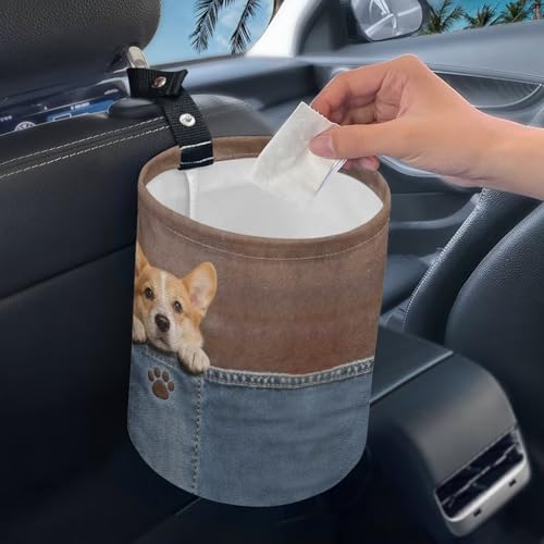 Image of Cute Dog Print Car Trash Can Hanging Car Garbage Bin Collapsible Waste Bin Auto Accessories Interior for Car SUV Trucks
