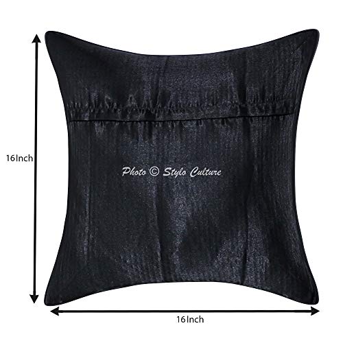 Image of Decorative Brocade Cushion Covers 16 Inch x 16 Inch Banarasi Jacquard Black & Gold Peacock Drawing Room Decor Traditional Square 40x40 cm Zippered Sofa Settee Pillowcases -Set of 5 Pcs