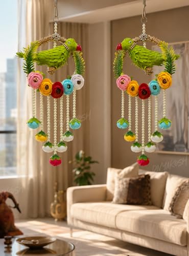 Image of Divyakosh Handmade Parrot Hanging for Home Decor Set of 2 | Indian Festive Door Wall Hanging with Pearl Tassels & Floral Design| Latkan for Diwali, Wedding, Housewarming, Living Room & Balcony