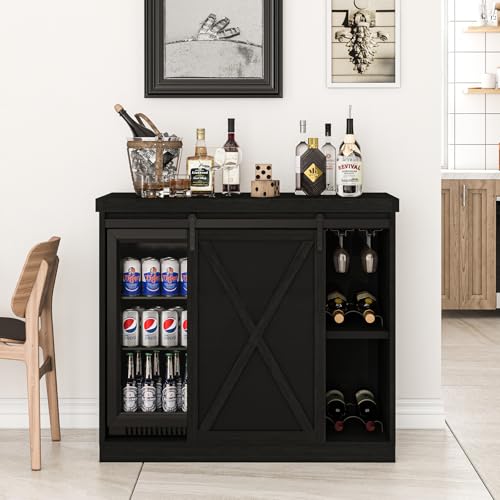 Image of Coffee Bar Cabinet with Mini Fridge Space, 49.2'' Farmhouse Kitchen Buffet Hutch with Power Outlet, Fridge Cabinet with Sliding Barn Door, Wine Rack, Glass Holder for Kitchen Dining Room, Black