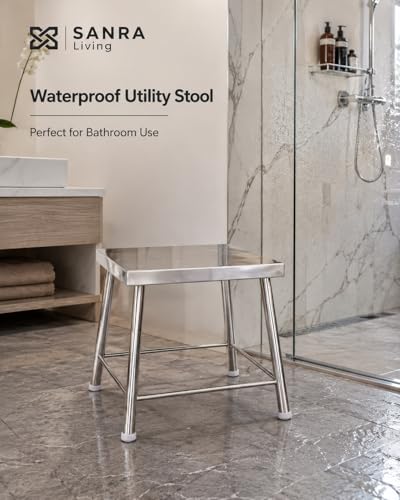 Image of Stainless Steel Waterproof Utility Stool 13x13 Inch | Heavy Duty Steel Bathroom Stool for Bathing Washing Kitchen Balcony Restroom Support | 12 Inch Height