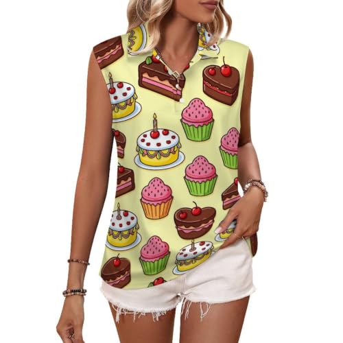 Womens Sleeveless Polo Shirts Birthday Cake Cupcake Cherry Dessert Golf Tank Tops Quick Dry Vests Breathable Collared T-Shirt Button Up Workout Tops X-Large