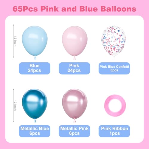 Image of Pink and Blue Latex Balloons Set, 65Pcs 12 Inch Metallic Pink and Metallic Blue Balloons, Gender Reveal Balloons for Boy or Girl Gender Reveal Decorations Birthday Party Baby Shower Anniversary
