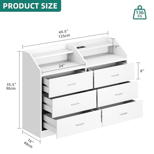 YITAHOME Cassettiera bianca con 6 cassetti, cassettiera contenitore con 2 prese USB e 2 porte AC, striscia luminosa LED a 20 colori, scaffale aperto per camera da letto soggiorno, 124,5 * 40 * 90cm - Immagine 1