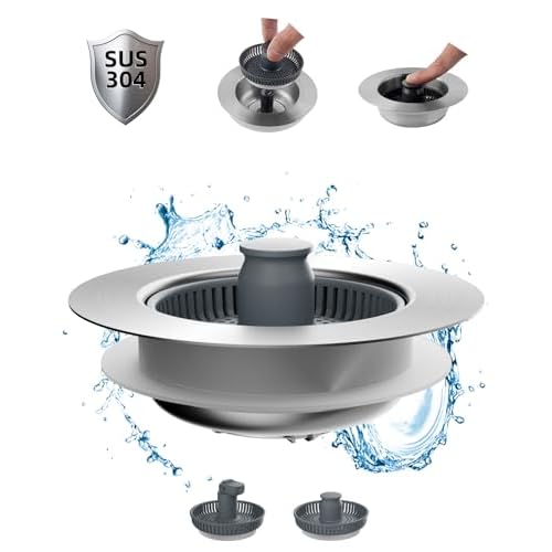Hibbent Upgraded 3 in 1 Kitchen Sink Drain Strainer and Stopper Combo, Stainless Steel Metal Pop Up Sink Stopper, 3 Anti-Clogging Basket Strainer with Handle for US Standard 3-1/2 Inch Drain