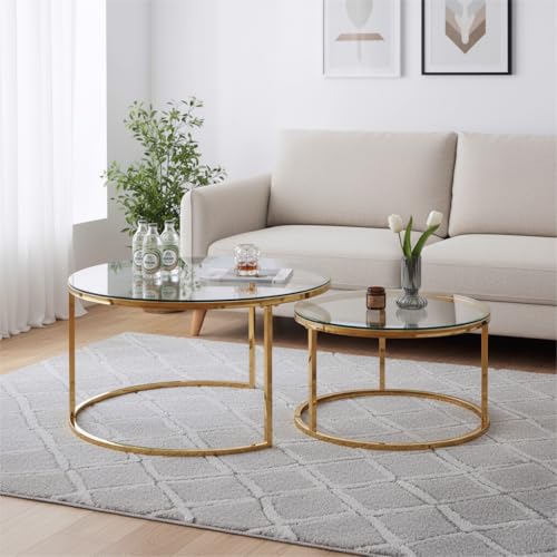 buybyroom Gold Coffee Table Set of 2 Round Coffee Table for Living Room Nesting Tables Suitable For Living Room Bedroom and Balcony Tempered Glass Tabletop Golden Frosted Iron Frame Gold