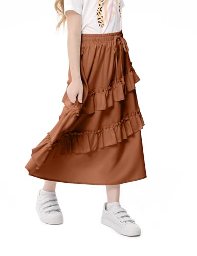 Image of Girls High Waisted Ruffle Maxi Skirt Soft Cotton Long Skirts with Elastic Waistband for Kid Girl 3-12 Years