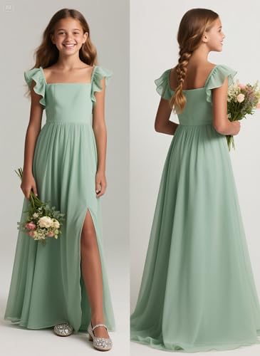 MCieloLuna Girl's Summer Boho Dress Cap Sleeve Flower Girl Dresses Square Neck Junior Bridesmaid Maxi Gown with Slit3