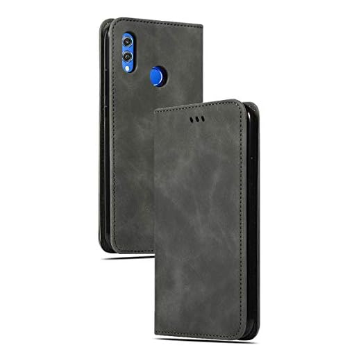 LUSHENG Handgjorda läderfodral för Honor 8X, magnetisk flip plånboksfodral för Honor 8X, magnet självsugande stängningsfunktion [deformerad konsol] – grå