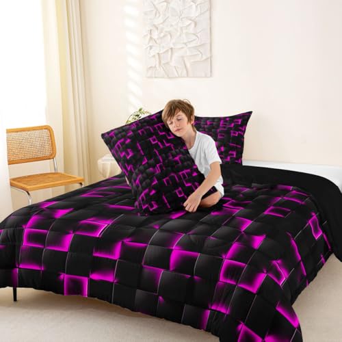 Image of Erosebridal Neon Black Purple Comforter Set King Violet Geometric Checkered Bedding Set for Kids Teen Adults Gaming Room Decor,Abstract Ombre Plaid Comforter Grids Quilt Duvet