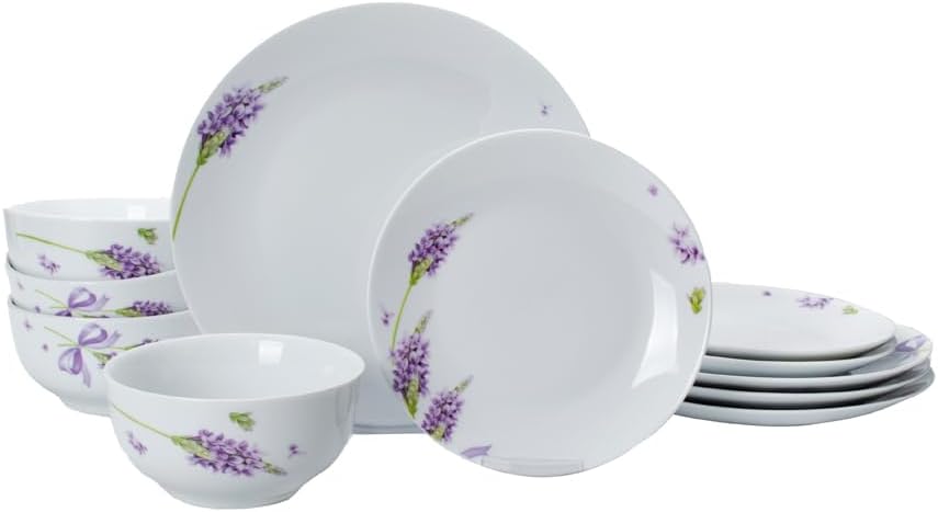 12-Piece Porcelain Kitchen Dinnerware Set with Purple Lavender Pattern, Round Dinner Plates, Dessert Plates, Soup Bowls, Service for 4