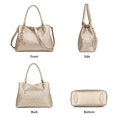 Leather Handbags For Women, Cow Leather Lock Chain Pattern Ladies Top Handle Bag With Adjustable Shoulder Strap Women's Designer Tote Bag Womens Real Leather Crossbody Purses And Handbags (Gold) #TOP4