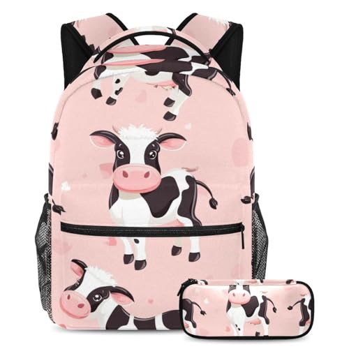 Sac à dos vache rose avec trousse à crayons résistant grand format