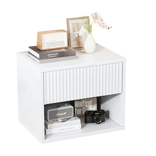 Bonnlo Table de Chevet Suspendue, Table de Nuit Blanche avec 1 Tiroir et 1 Étagère, Table d'appoint Basse pour Chambre à Coucher, Salon, 40 x 30 x 33 cm