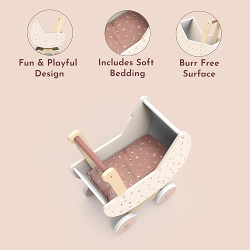 Speedy Monkey Puppenwagen aus Holz, schön verarbeitet, FSC-zertifiziert, Puppenzubehör aus Holz für Kinder ab 2 Jahren, sicher, leicht, leicht zu bewegen und zu reinigen, Farbe – Bild 6