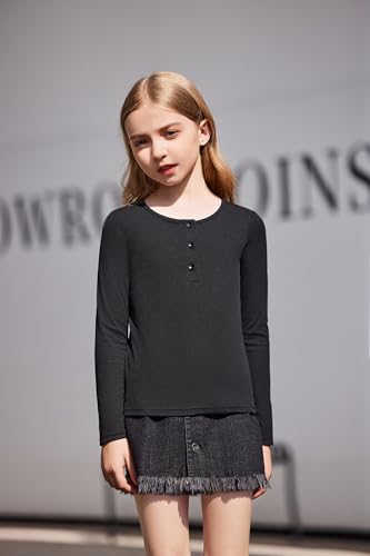 Arshiner 2 Pack Girls Long Sleeve Henley T Shirts Button Down Slim Fit Tops Round Neck Ribbed Knit Shirts2