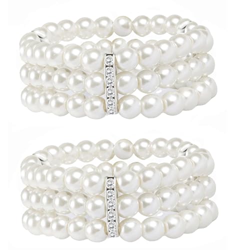 MONAZEO 2-8Pcs Vintage Pearl Bracelet 3-Row Pearl Stretch Bracelet Multi-Layered