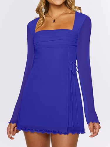 Image of Caracilia Womens Sexy Mesh Ruched Mini Dresses Long Sleeve Square Neck Tie Fall Club Party Cocktail Short Dress 2026 Fashion