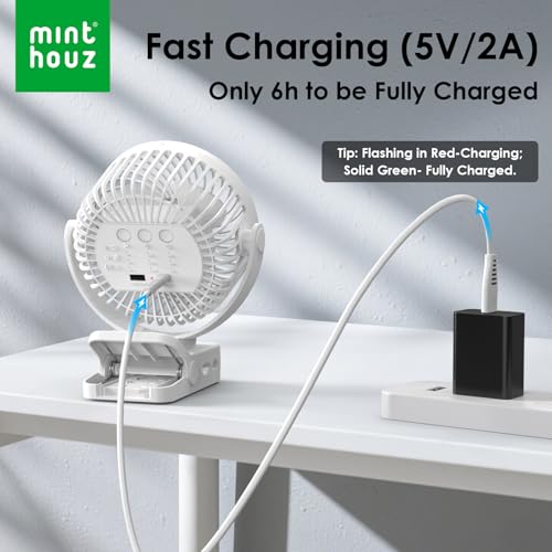 Image of Minthouz Clip on Fan, 12000mAh Battery, with Remote Control, Quiet, White | 45H Runtime, 3-Level Lighting, 360 Rotation, 3-Level Wind Speed, 2 /4 /6H Timer, Suitable for Bedrooms, Offices, Outdoors