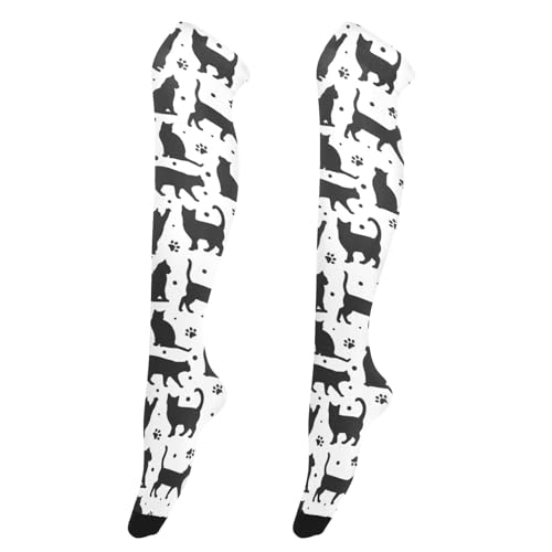 Black Cats and Paws Thigh High Socks Long Boot Stockings Elastic Knee High Socks for Women Leg Warmers