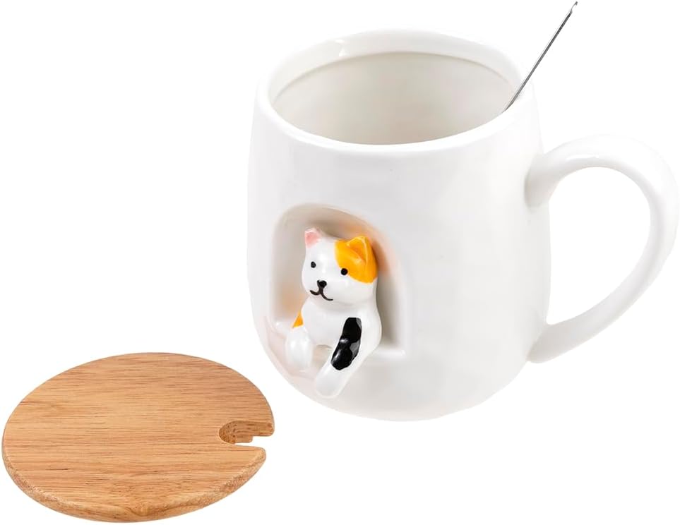 Mug Cat - 3D Relief - Happy Cat - Porcelain, Wood, Metal - 380 ML - with Lid and Spoon - Coffee, Tea, Chocolate, Cappuccino Cup - Original Gift Idea