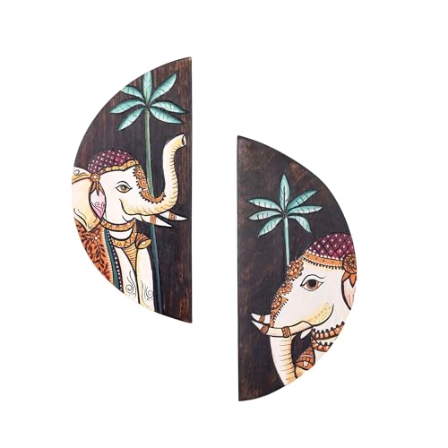 Image of AAKRITI ART CREATIONS Pichhwai Elephants Handpainted Wall Panels, Pichhwai Art Set of 2 Multicolor | Matte Finish Wooden | Home Items for Living Room, Bedroom, Office