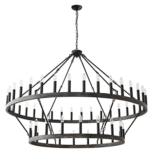 JTYP 2 Tier Large Farmhouse Wagon Wheel Chandelier 60" 54-Light, Round Industrial Rustic Ceiling Pendant Lighting Fixture for Living Room, Dining Room, Kitchen Island, Foyer