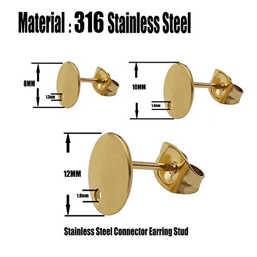 30 Pcs/15 Pairs 8Mm/10Mm/12Mm Gold Stainless Steel Round Earring Studs Blank Earring Post With Loop For Diy Jewelry Earring Making With Backs (M543) #TOP1