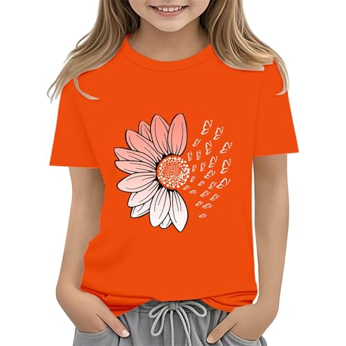 Girls Loose Fit Sunflower Graphic T Shirts Short Sleeve Crewneck Cute Pattern Printed Tops Kids (B-Orange, 8-9 Years)