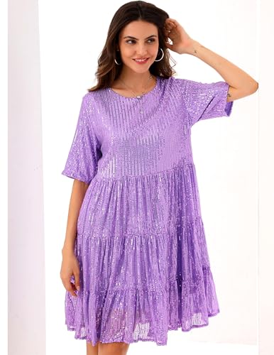 Image of Sequin Babydoll Summer Dress,Sparkly Glitter Dress Short Flowy Tiered Tunic Dress for Women Party Club Night