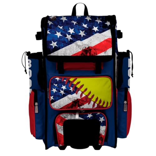 Boombah Superpack Hybrid Rolling Bat Bag - Wheeled & Backpack Version - USA Softball Royal Blue/Red/Optic Yellow