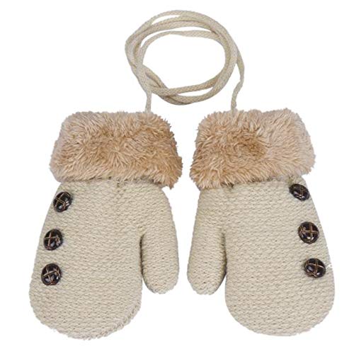 Unisex Children's Thickened Fleece Lined Mittens Winter Warm Knitted Gloves Kids Boys Girls Soft Lanyard Mittens for 0-3/3-7 Years Old,Beige,0 to 3 Years Old