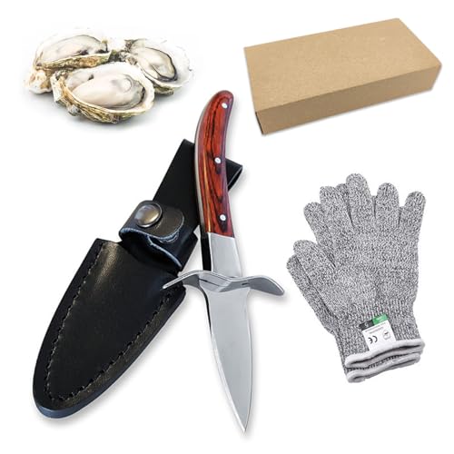 KkvoGmle Oyster Knif Set, Oyster Shucking Tools Oyster Shucking Knives With Wood-handle and Cut Resistant Level 5 Protection Gloves for Oysters Lover, Much Safer Than Kitchen Knife