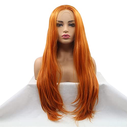 Xiweiya Ginger Orange Wigs Long Silky Straight 13x3 Lace Synthetic Wigs Auburn Copper Wig Middle Part Glueless Hair Heat Resistant Fiber Hair Styles for Women Halloween Cosplay 24"