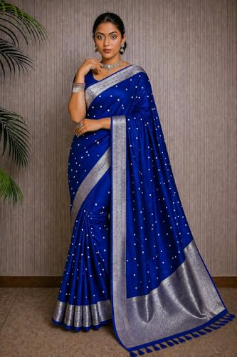 Image of Women's Glory Kanjivaram Banarasi Silk Saree with Polka Dot Embroidery Blend Woven Zari with Jacquard Woven Unstitched Blouse Piece.
